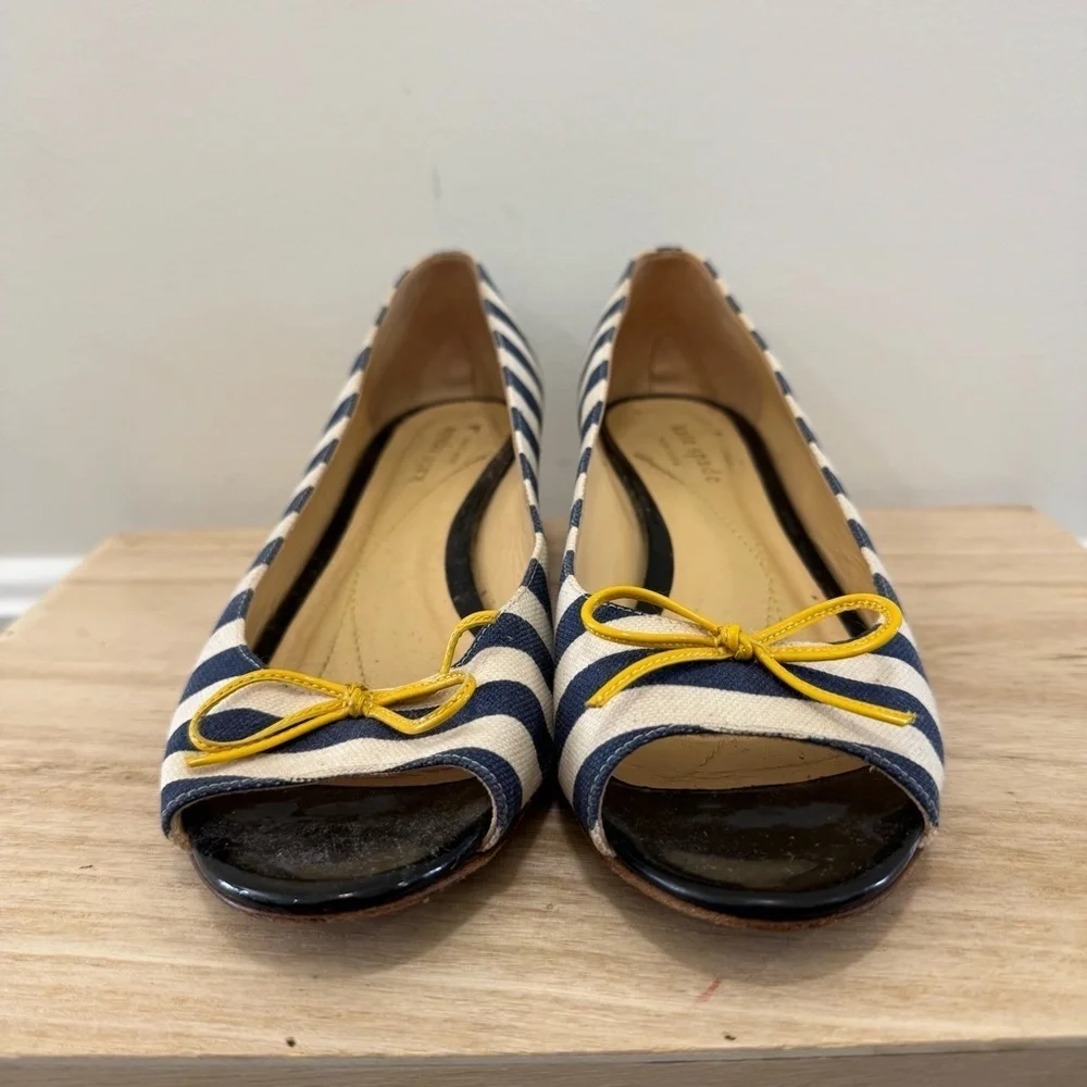 Kate Spade Navy Blue & White Stripe Yellow Detail Kitten Wedge Flats 6.5